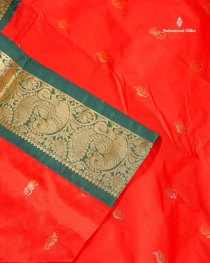 Semi Silk Saree - Chilly Red Colour Body Zari Butta With Bottle Green Border | 9.5 Yards