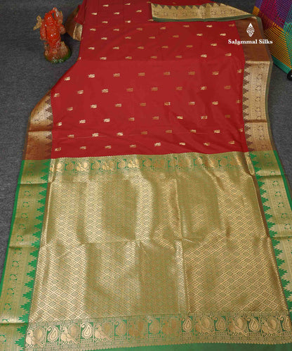 Semi Silk Saree - Maroon Colour Body Zari Butta With Traditional Temple Border | 9.5 Yards
