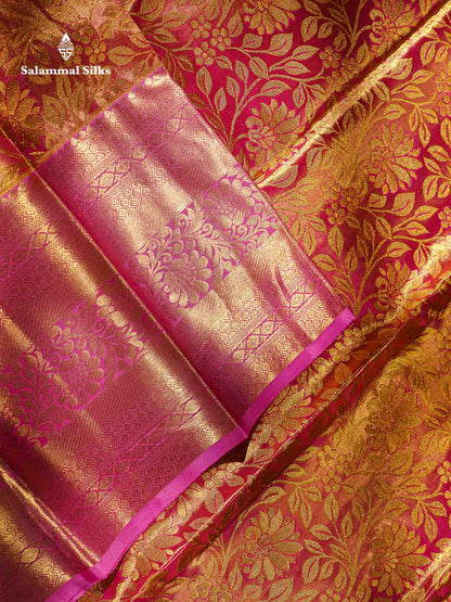 Pink Tissue Bridal Pure Kanjivaram Silk Saree With Contrast Link Pink Traditional Evening Morning Border