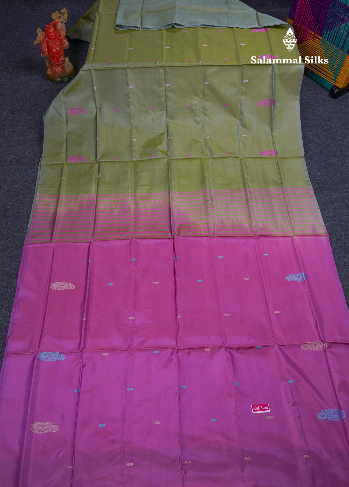 Light Olive Green Thread work Buttas Banana Pinth Saree (Vaazhainaar Pattu) With Contrast Purple Blouse