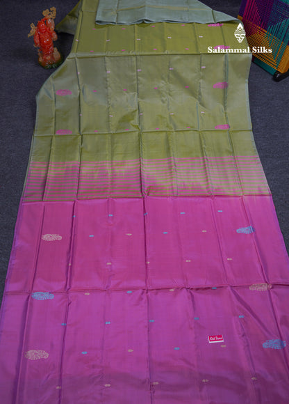 Light Olive Green Thread work Buttas Banana Pinth Saree (Vaazhainaar Pattu) With Contrast Purple Blouse