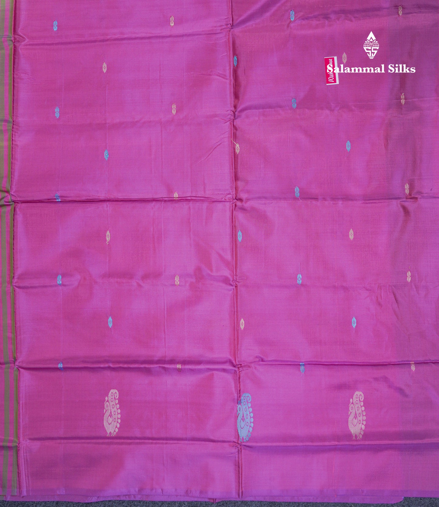 Light Olive Green Thread work Buttas Banana Pinth Saree (Vaazhainaar Pattu) With Contrast Purple Blouse