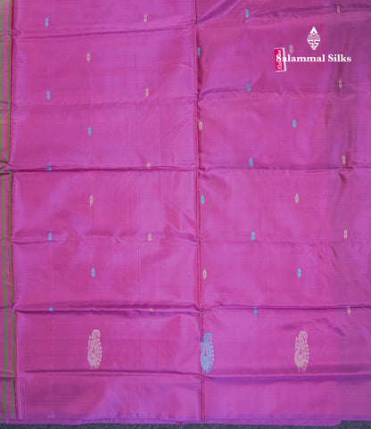 Light Olive Green Thread work Buttas Banana Pinth Saree (Vaazhainaar Pattu) With Contrast Purple Blouse
