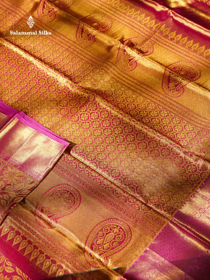 Pink Tissue Bridal Pure Kanjivaram Silk Saree With Contrast Link Pink Traditional Evening Morning Border