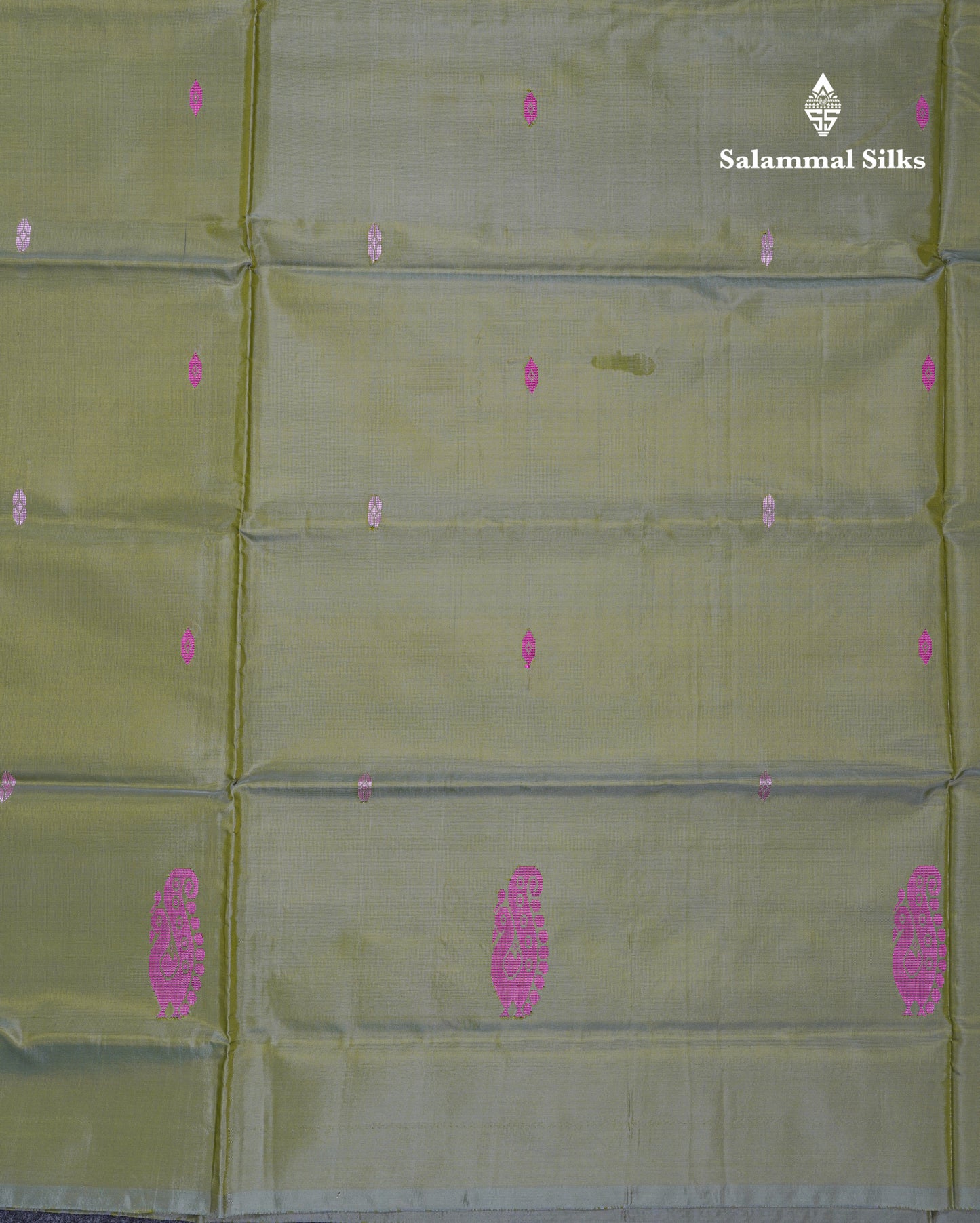 Light Olive Green Thread work Buttas Banana Pinth Saree (Vaazhainaar Pattu) With Contrast Purple Blouse