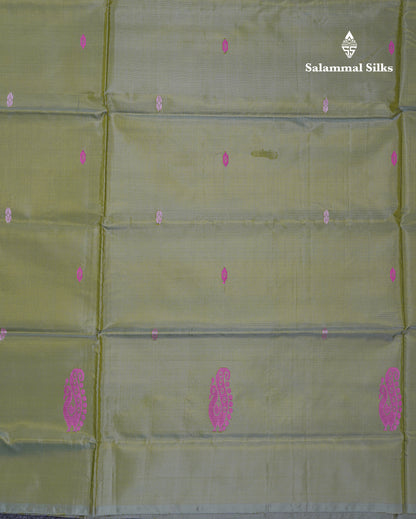 Light Olive Green Thread work Buttas Banana Pinth Saree (Vaazhainaar Pattu) With Contrast Purple Blouse