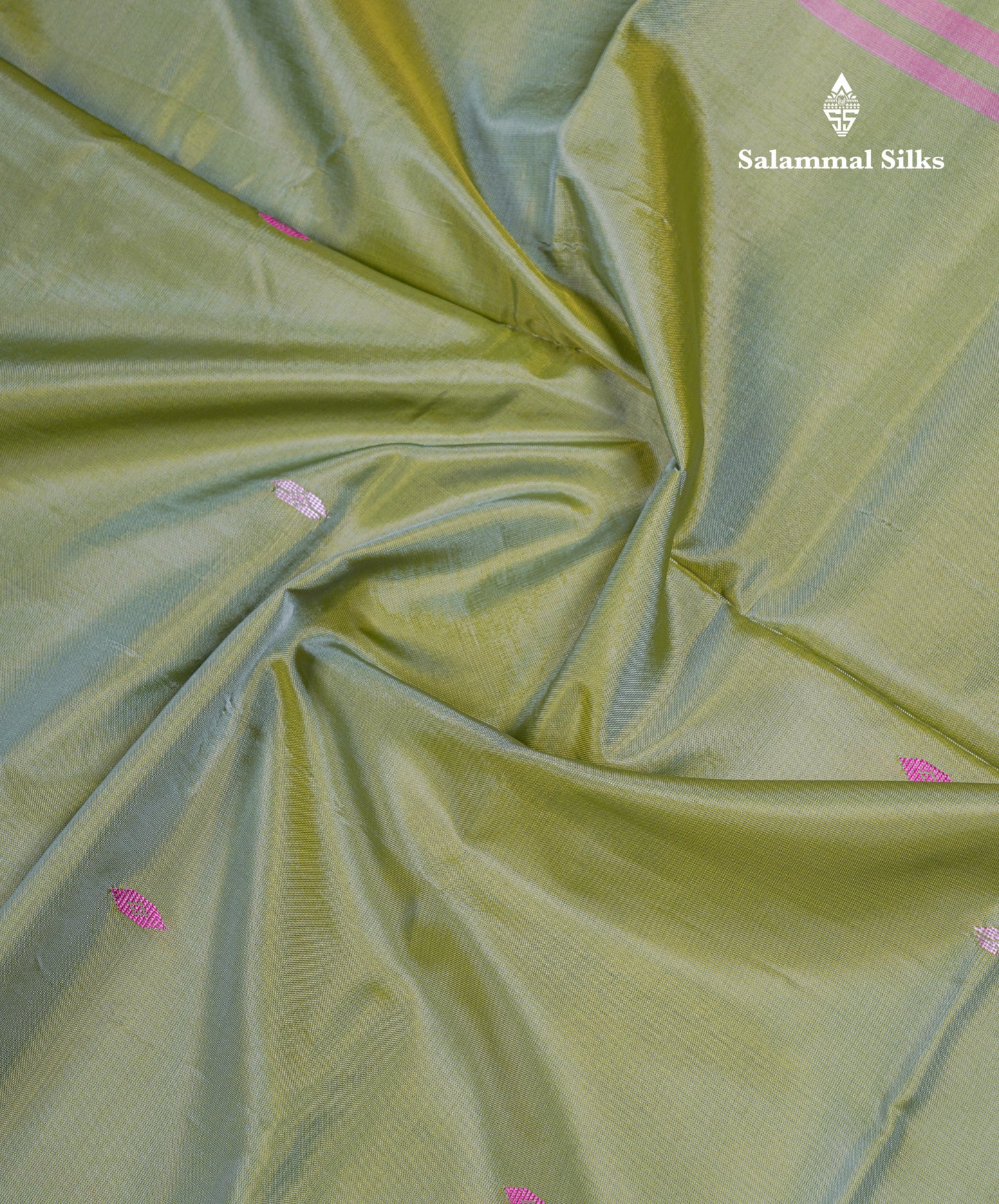 Light Olive Green Thread work Buttas Banana Pinth Saree (Vaazhainaar Pattu) With Contrast Purple Blouse