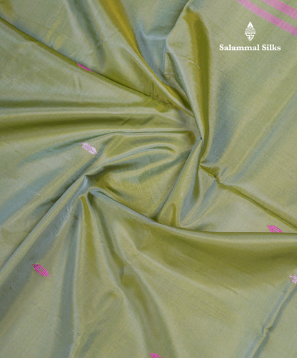 Light Olive Green Thread work Buttas Banana Pinth Saree (Vaazhainaar Pattu) With Contrast Purple Blouse