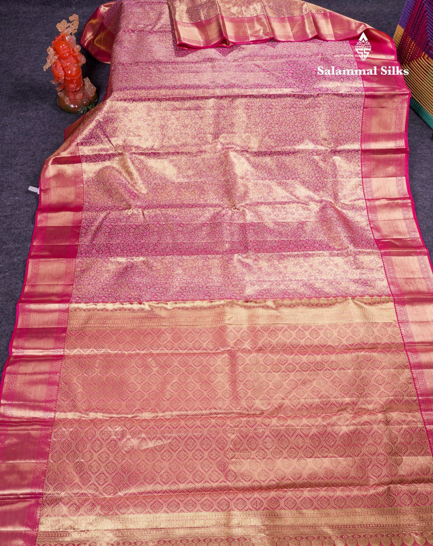 Beautiful Pink Tissue Bridal Pure Kanjivaram Silk Saree With Contrast Rani Pink Traditional Border