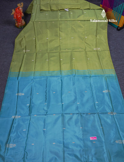 Parrot Green Thread work Buttas Banana Pinth Saree (Vaazhainaar Pattu) With Contrast Light Blue Blouse