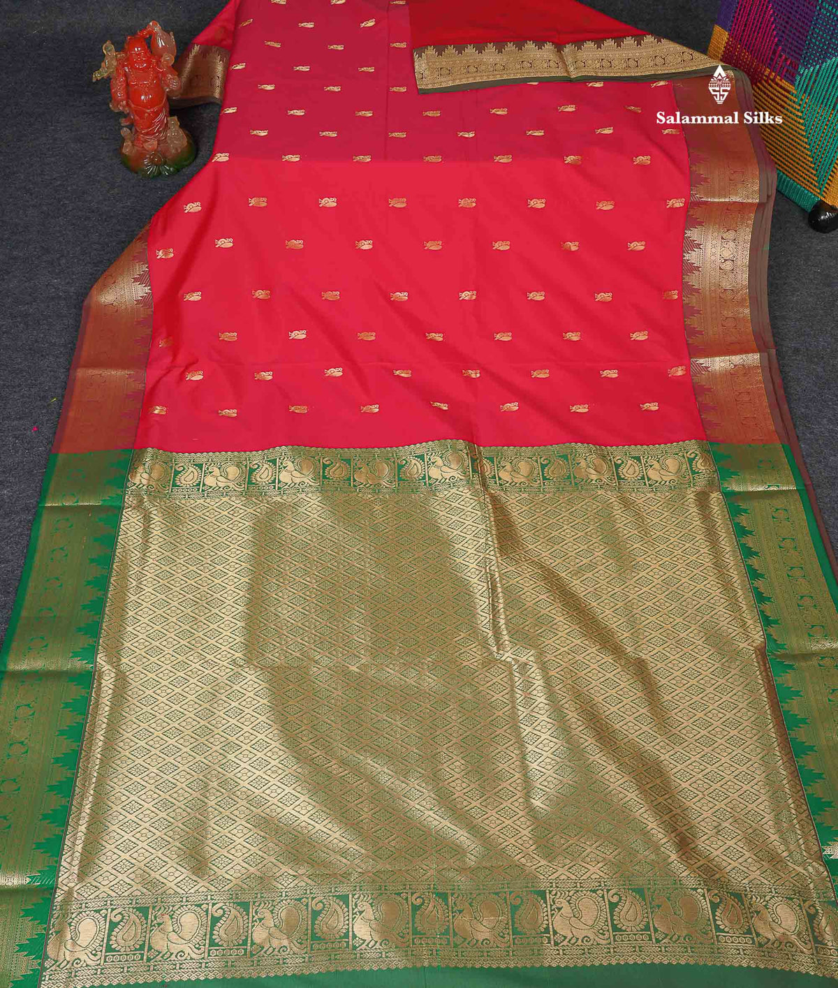 Semi Silk Saree - Redish Pink Colour Body Zari Butta With Traditional Temple Border | 9.5 Yards