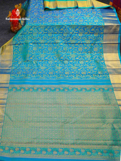 Beautiful Dual Tone Sapphire Blue Bridal Pure Kanjivaram Silk Saree With Traditional Border
