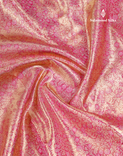 Beautiful Pink Tissue Bridal Pure Kanjivaram Silk Saree With Contrast Rani Pink Traditional Border