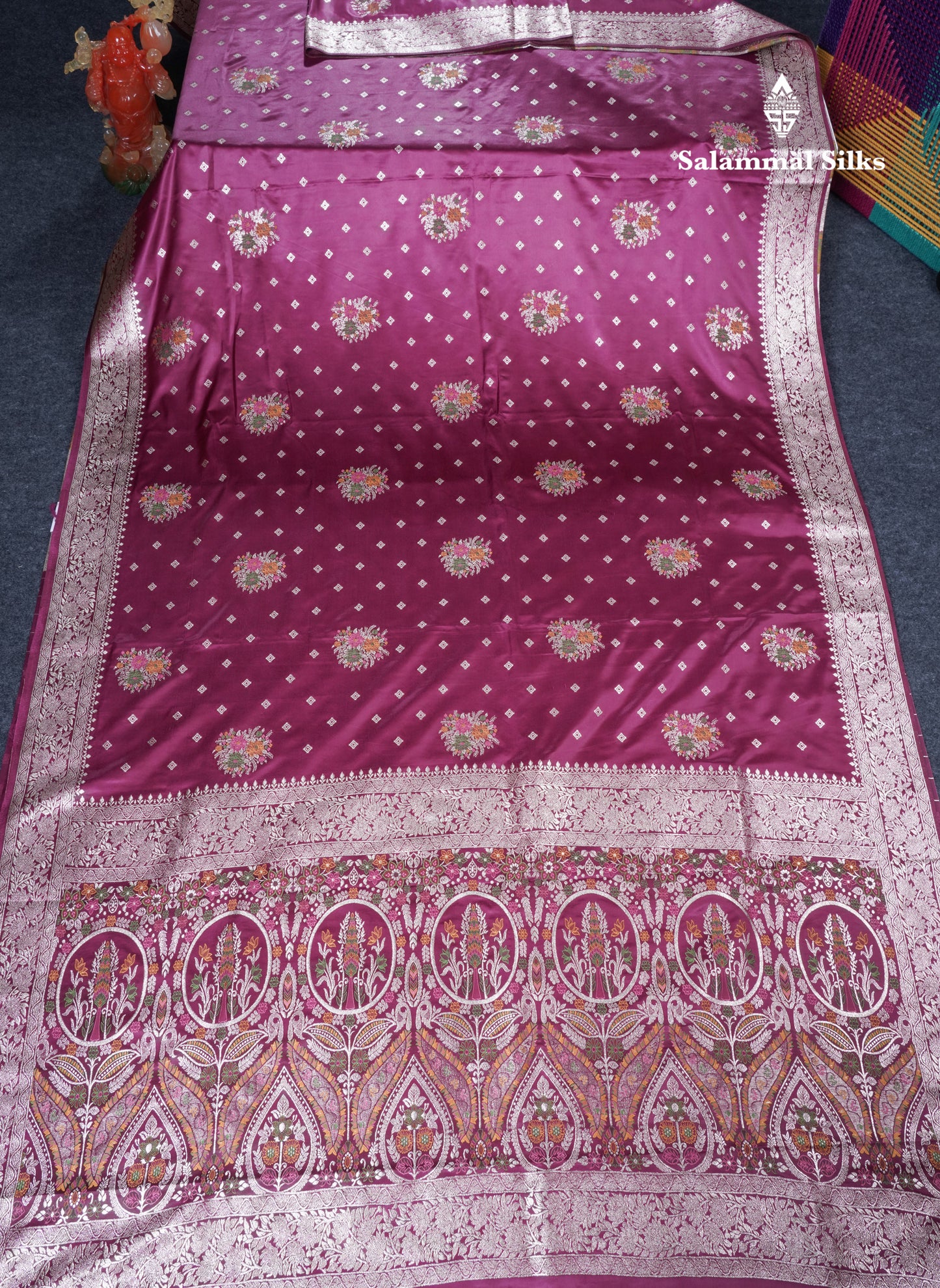 Beautiful Magenta Meenakari Work Russian Silk Saree With Fancy Self Border