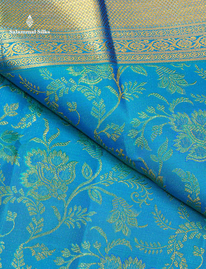Beautiful Dual Tone Sapphire Blue Bridal Pure Kanjivaram Silk Saree With Traditional Border
