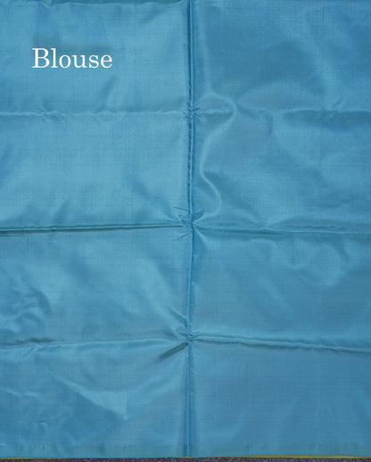 Parrot Green Thread work Buttas Banana Pinth Saree (Vaazhainaar Pattu) With Contrast Light Blue Blouse