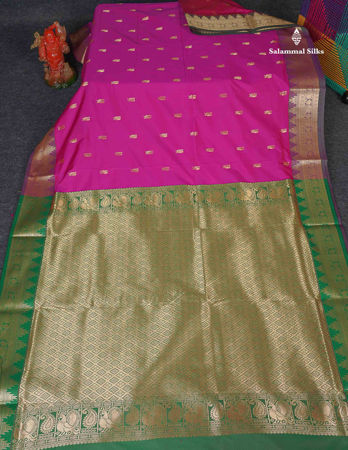 Semi Silk Saree - Magenta Pink Colour Body Zari Butta With Traditional Temple Border | 9.5 Yards