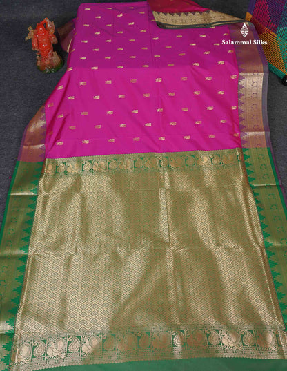 Semi Silk Saree - Magenta Pink Colour Body Zari Butta With Traditional Temple Border | 9.5 Yards