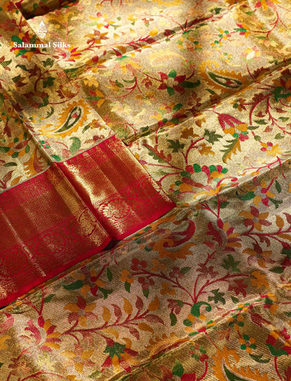 Beautiful Gold Tissue Menakari Work Bridal Pure Kanjivaram Silk Saree With Contrast Pink Traditional Border