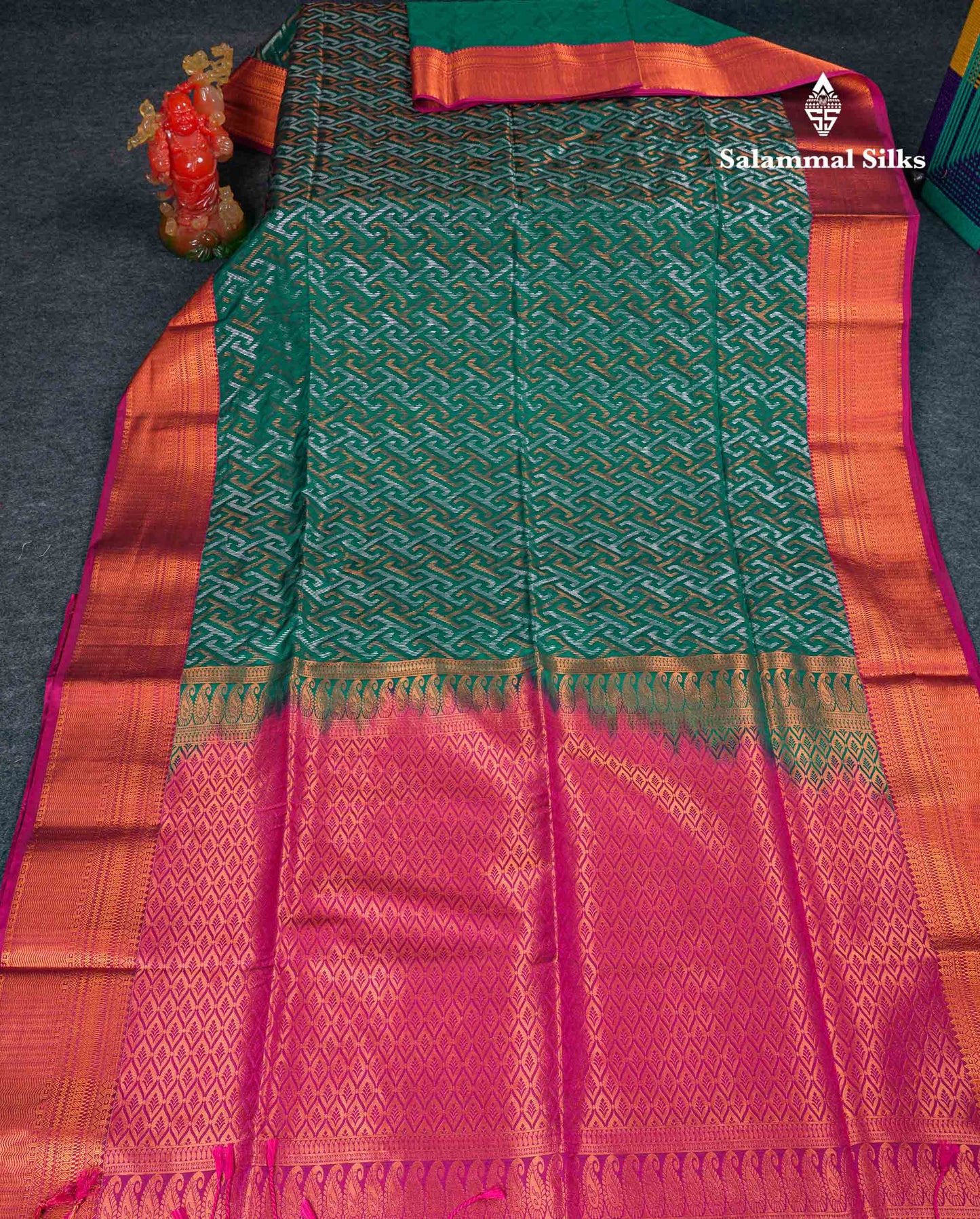 Beautiful Peacock Green Silver & Gold Zari Semi Silk Saree With Contrast Dual Tone Pink Traditional Border