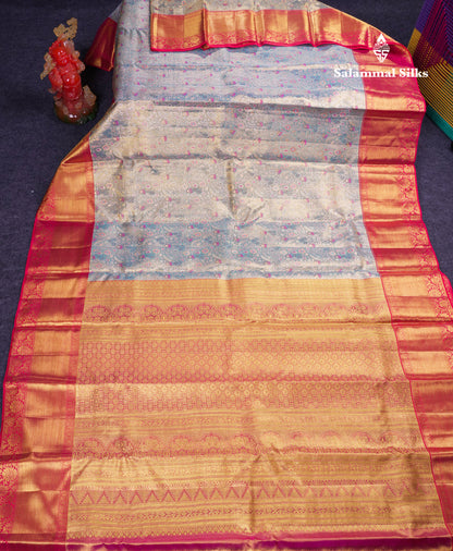 Beautiful Pastel Blue Tissue Bridal Pure Kanjivaram Silk Saree With Contrast Pinkish Orange Traditional Border
