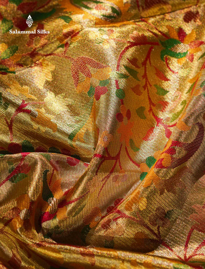Beautiful Gold Tissue Menakari Work Bridal Pure Kanjivaram Silk Saree With Contrast Pink Traditional Border