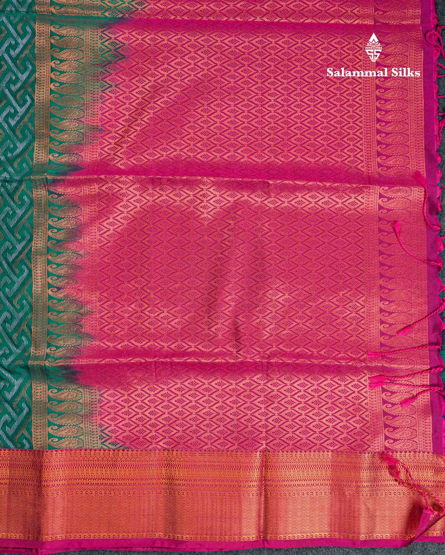 Beautiful Peacock Green Silver & Gold Zari Semi Silk Saree With Contrast Dual Tone Pink Traditional Border