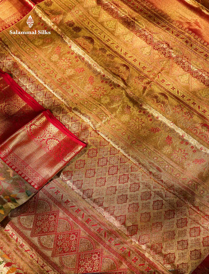 Beautiful Gold Tissue Menakari Work Bridal Pure Kanjivaram Silk Saree With Contrast Pink Traditional Border