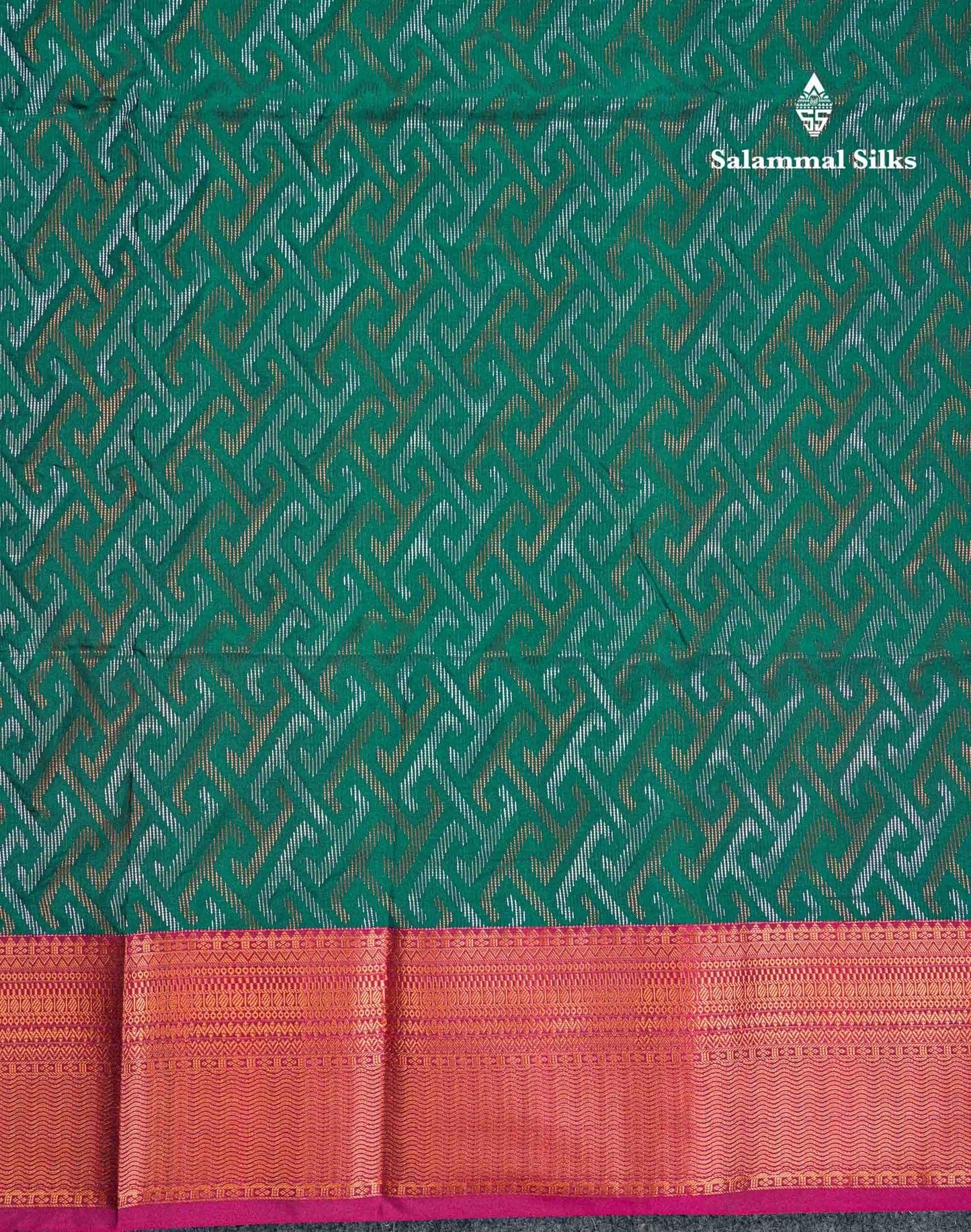 Beautiful Peacock Green Silver & Gold Zari Semi Silk Saree With Contrast Dual Tone Pink Traditional Border