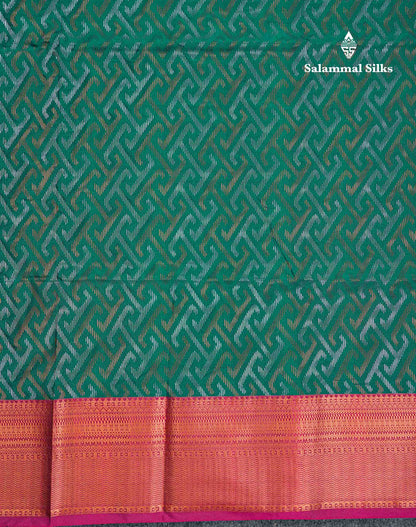 Beautiful Peacock Green Silver & Gold Zari Semi Silk Saree With Contrast Dual Tone Pink Traditional Border