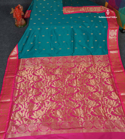 Semi Silk Saree - Teal Blue Colour Body With Pink Border | 9.5 Yards