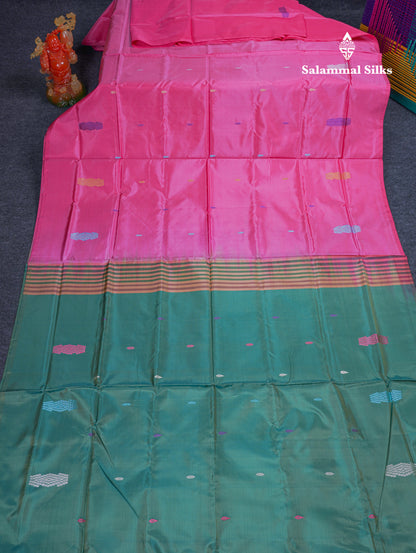 Pink Thread work Buttas Banana Pinth Saree (Vaazhainaar Pattu) With Contrast Green Shade Blouse