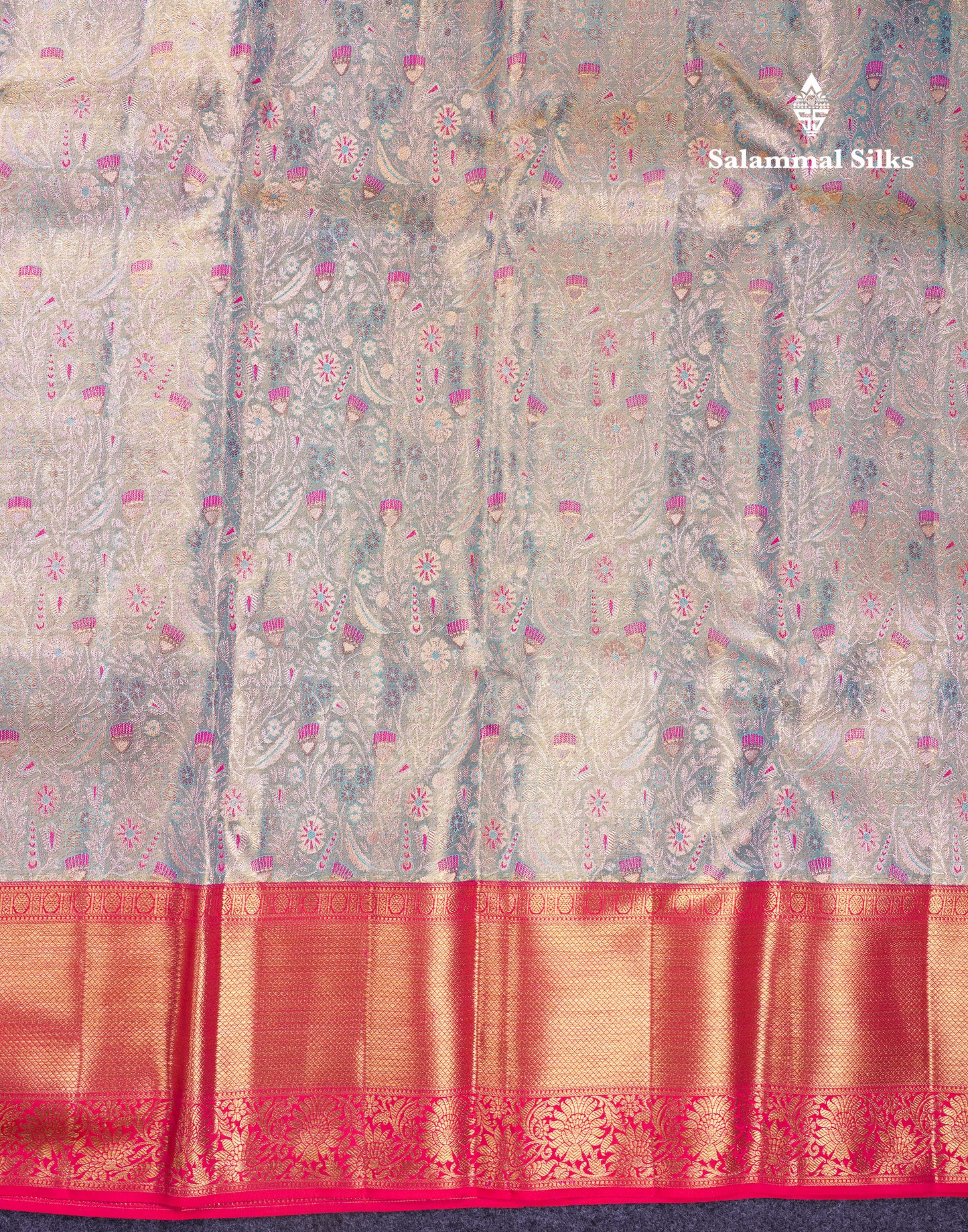 Beautiful Pastel Blue Tissue Bridal Pure Kanjivaram Silk Saree With Contrast Pinkish Orange Traditional Border