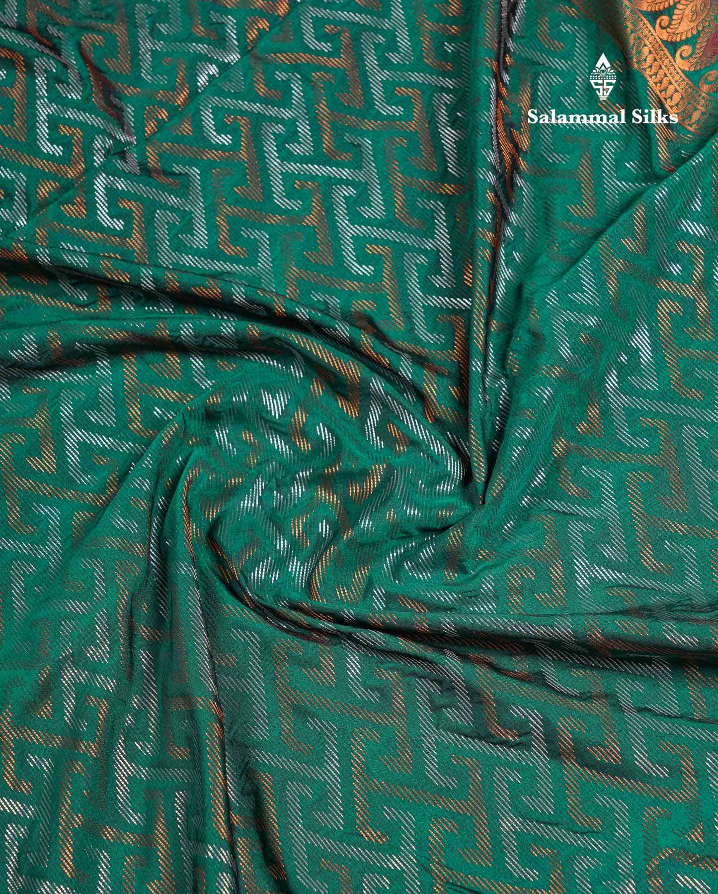 Beautiful Peacock Green Silver & Gold Zari Semi Silk Saree With Contrast Dual Tone Pink Traditional Border