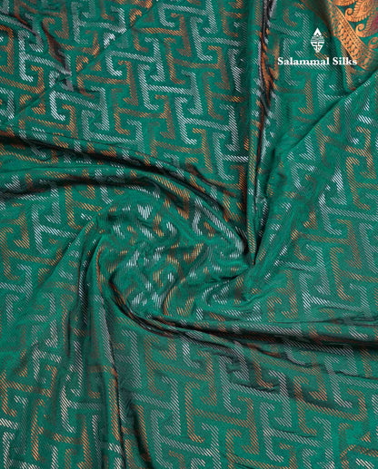 Beautiful Peacock Green Silver & Gold Zari Semi Silk Saree With Contrast Dual Tone Pink Traditional Border