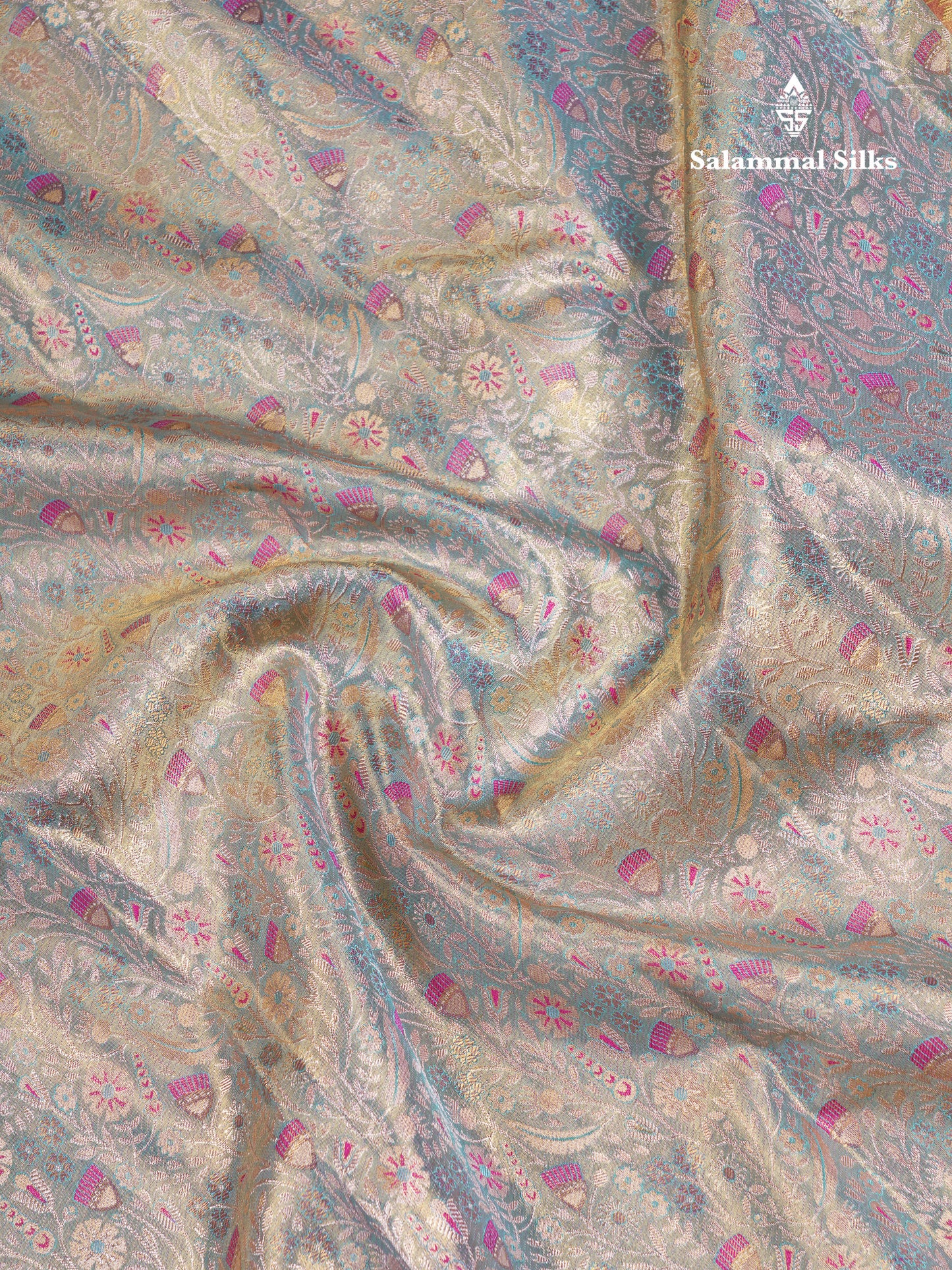 Beautiful Pastel Blue Tissue Bridal Pure Kanjivaram Silk Saree With Contrast Pinkish Orange Traditional Border