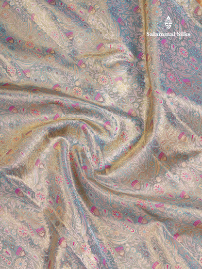 Beautiful Pastel Blue Tissue Bridal Pure Kanjivaram Silk Saree With Contrast Pinkish Orange Traditional Border