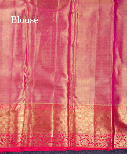 Beautiful Pastel Blue Tissue Bridal Pure Kanjivaram Silk Saree With Contrast Pinkish Orange Traditional Border