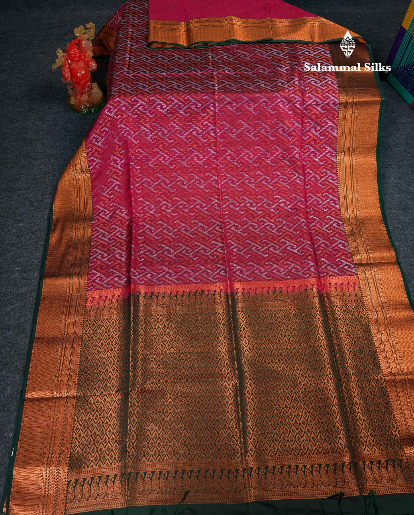 Beautiful Peacock Green Silver & Gold Zari Semi Silk Saree With Contrast Dual Tone Pink Traditional Border