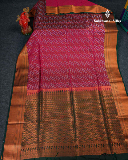 Beautiful Peacock Green Silver & Gold Zari Semi Silk Saree With Contrast Dual Tone Pink Traditional Border
