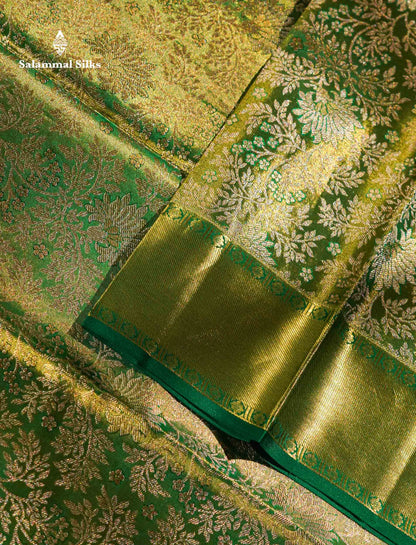 Beautiful Light Green Bridal Pure Kanjivaram Silk Saree With Contrast Bottle Green Traditional Evening Morning Border