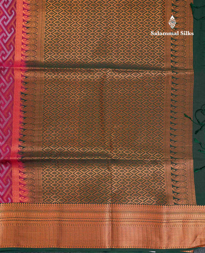 Beautiful Peacock Green Silver & Gold Zari Semi Silk Saree With Contrast Dual Tone Pink Traditional Border