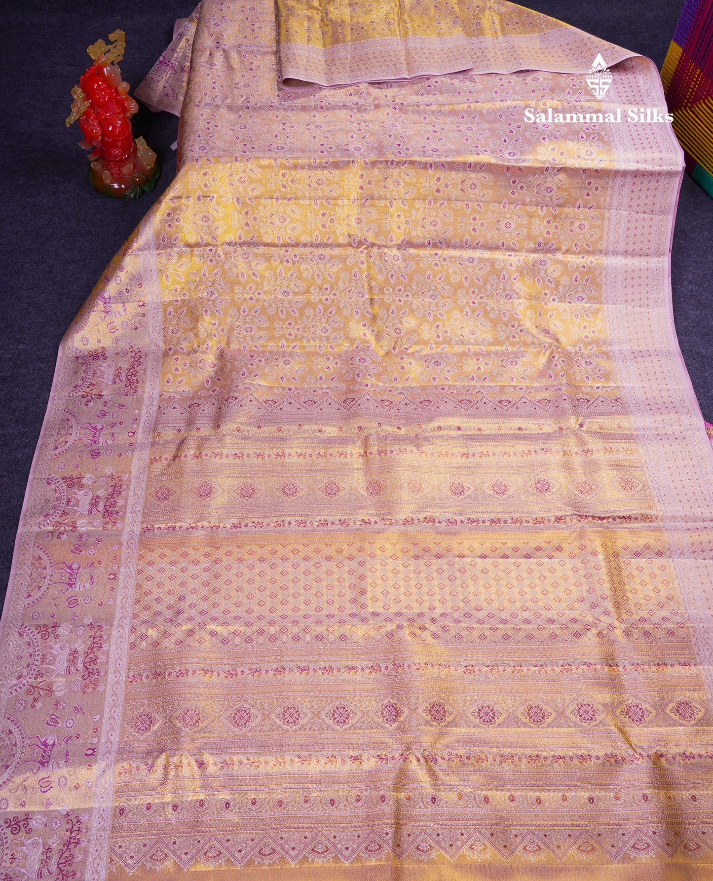 Beautiful Cream Sandal Tissue Bridal Pure Kanjivaram Silk Saree With Contrast Light Purple Fancy Border