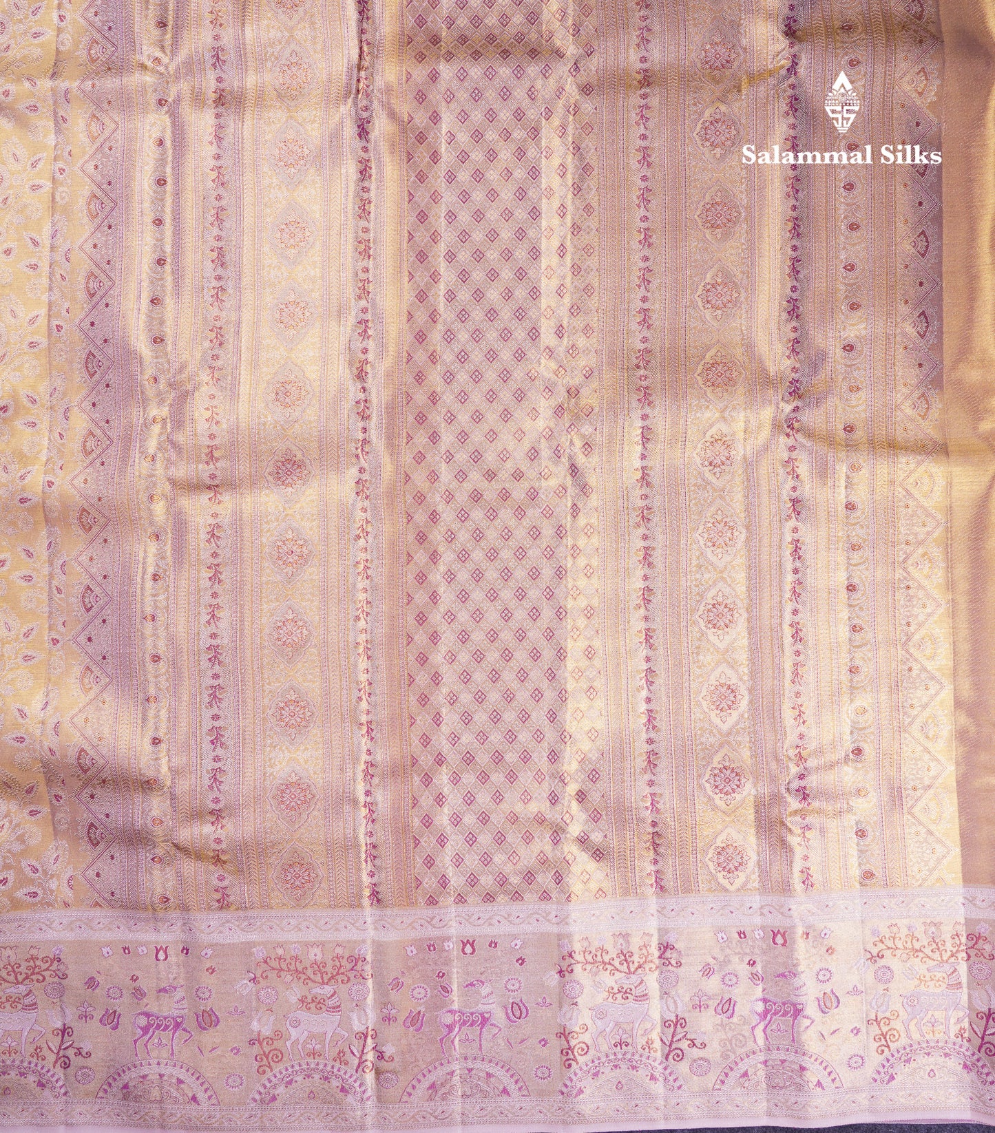 Beautiful Cream Sandal Tissue Bridal Pure Kanjivaram Silk Saree With Contrast Light Purple Fancy Border