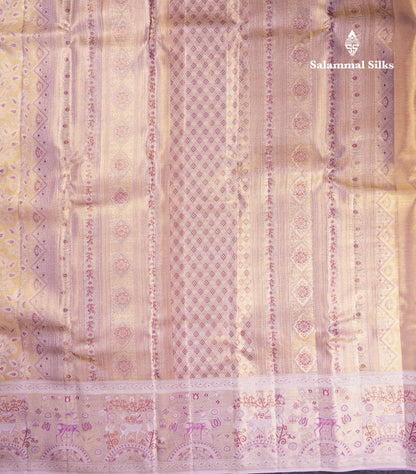 Beautiful Cream Sandal Tissue Bridal Pure Kanjivaram Silk Saree With Contrast Light Purple Fancy Border