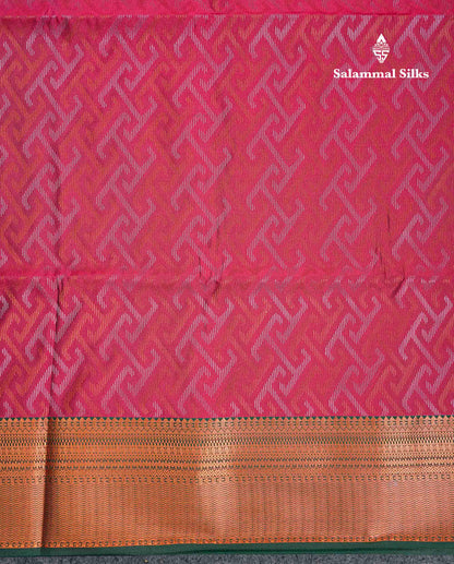 Beautiful Peacock Green Silver & Gold Zari Semi Silk Saree With Contrast Dual Tone Pink Traditional Border