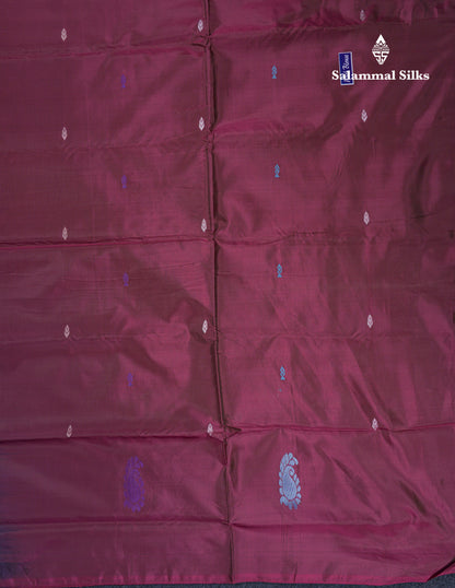 Dual Tone Peacock Blue Thread work Buttas Banana Pinth Saree (Vaazhainaar Pattu) With Contrast Dark Maroon Blouse