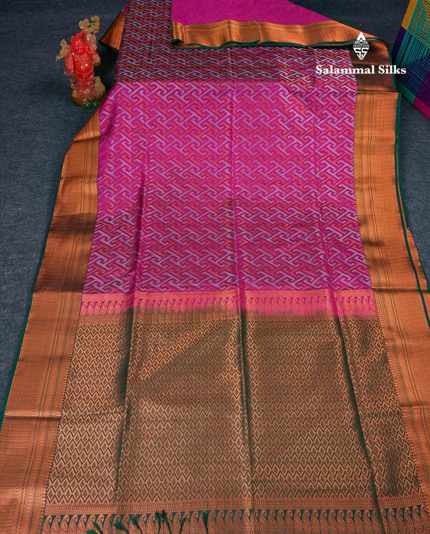 Beautiful Peacock Green Silver & Gold Zari Semi Silk Saree With Contrast Dual Tone Pink Traditional Border