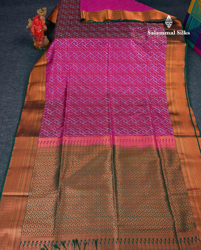 Beautiful Peacock Green Silver & Gold Zari Semi Silk Saree With Contrast Dual Tone Pink Traditional Border