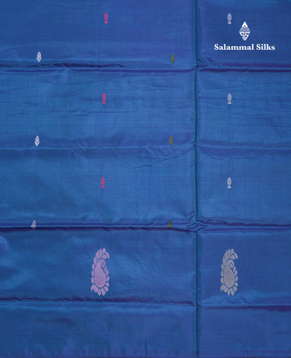 Dual Tone Peacock Blue Thread work Buttas Banana Pinth Saree (Vaazhainaar Pattu) With Contrast Dark Maroon Blouse